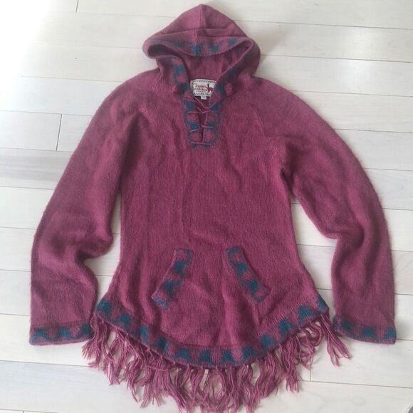The Alpaca Connection Women's Handmade Knitted V-Neck Hoodie Sweater Red Small - Picture 1 of 5